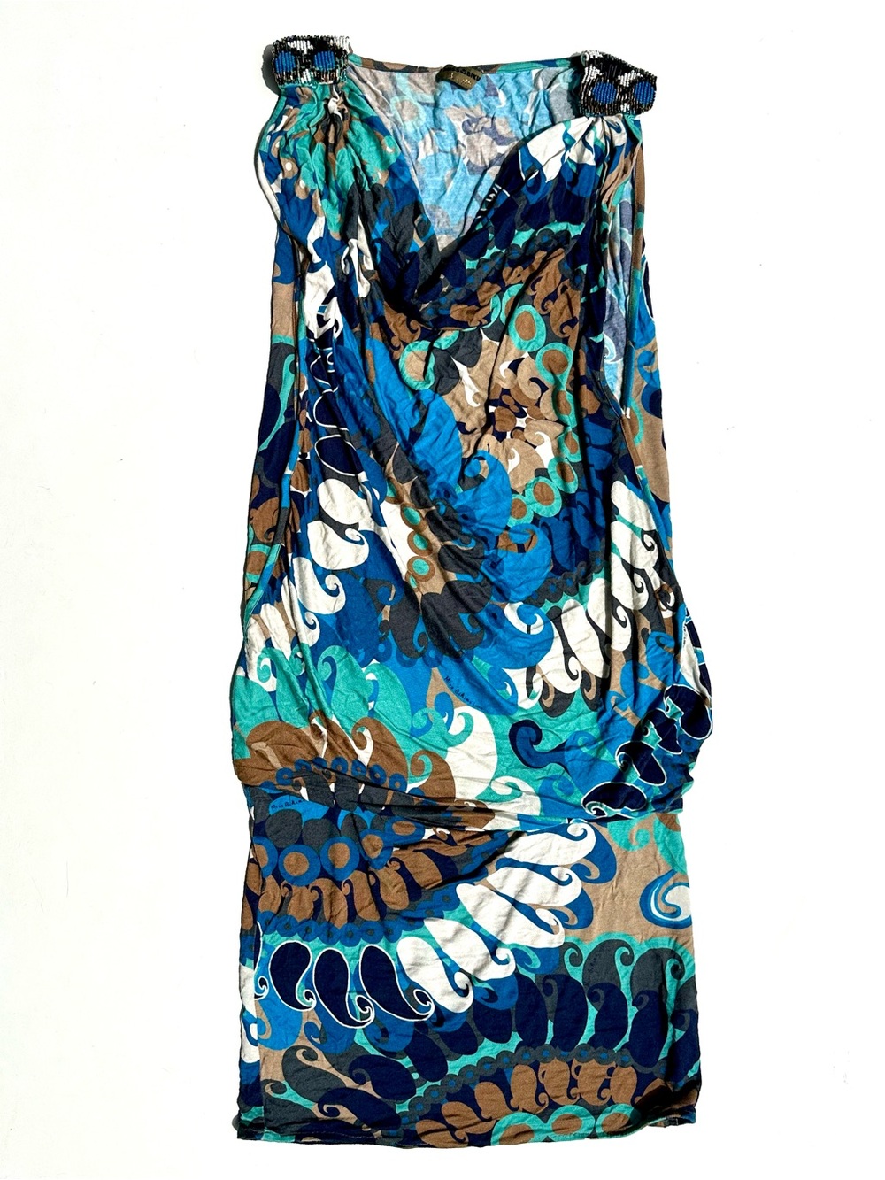 Miss Bikini Beaded Shoulder Women's Blue Teal Brown Floral Swim Cover-Up Dress 4